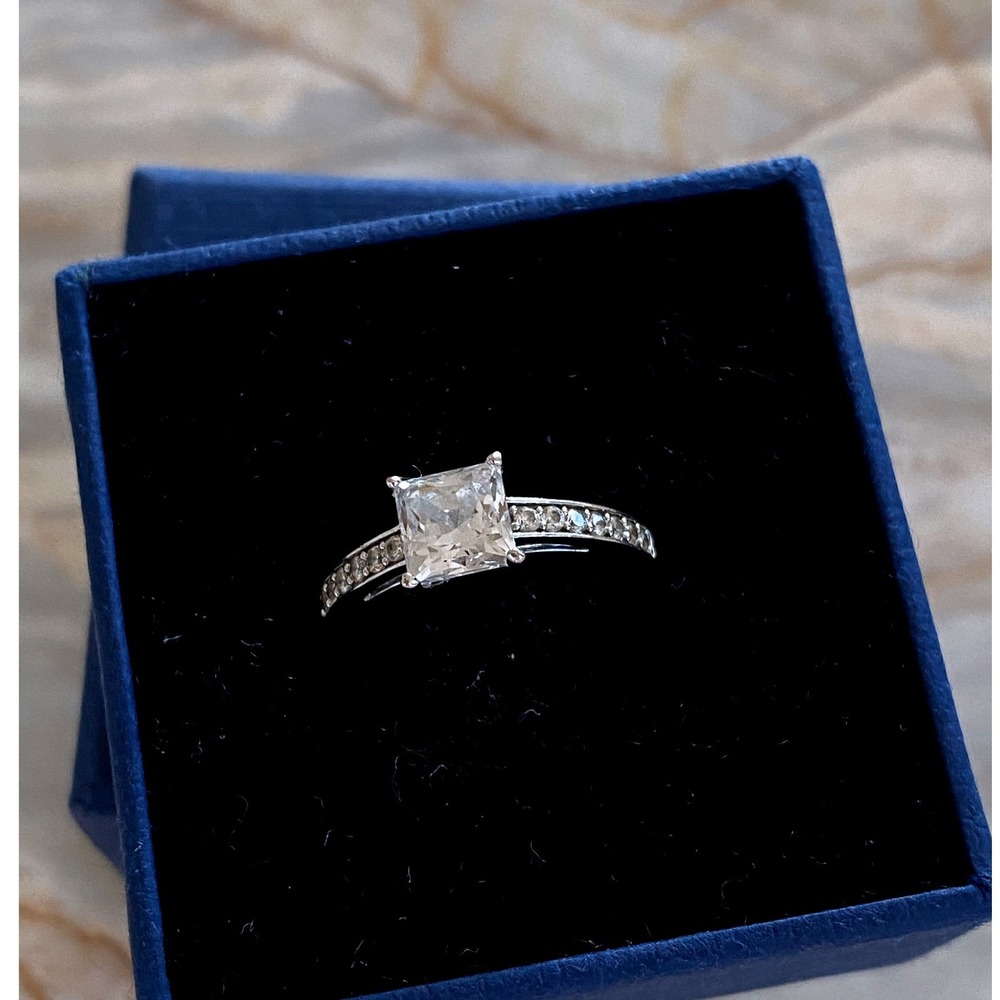 Swarovski Attract Ring Rhodium Plated Square Cut Clear Crystal Silver Tone Sz 55